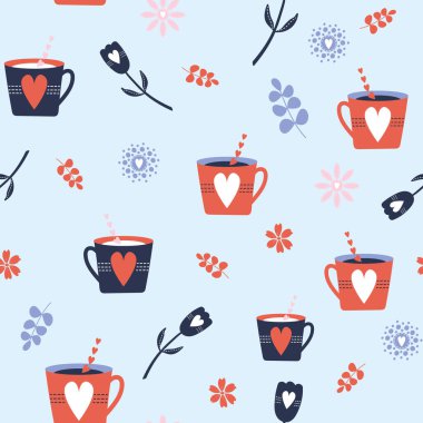 Renkli çay, kahve fincanı ve kupa ile kusursuz vektör deseni, dekorasyon, baskı, kırtasiye, kumaş, tekstil için