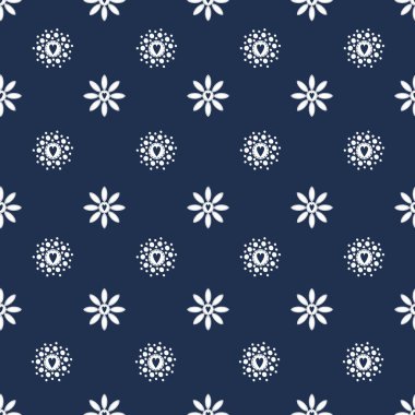 Çiçekleri ve kalpleri olan kusursuz vektör deseni, dekorasyon, kumaş, tekstil, baskı, kırtasiye için koyu mavi arkaplan