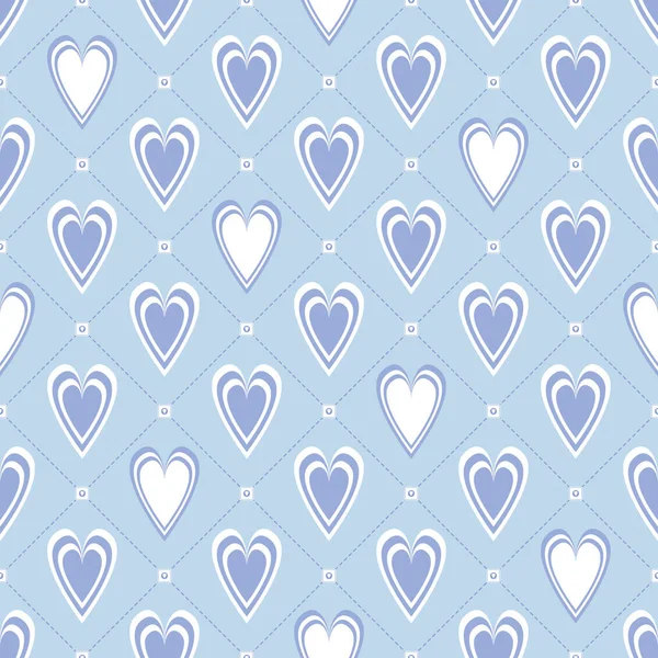 Seamless Vector Pattern Monochrome Blue White Hearts Squares Decoration Print — Stock Vector