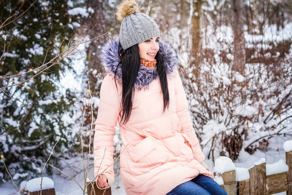 Зима. Дівчина брюнетка сидить на паркані, дивлячись вбік і посміхаючись — стокове фото