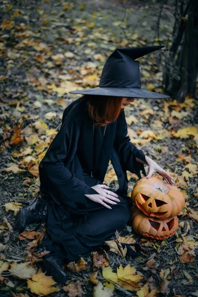 Buon Halloween. Strega e due zucche arancioni — Foto Stock