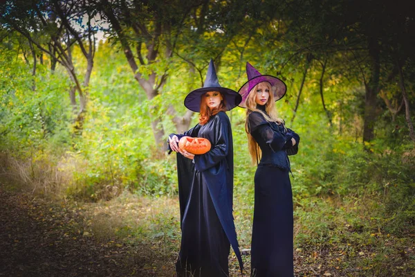 Fröhliches Halloween. zwei Hexen stehen und halten orangefarbenen Kürbis — Stockfoto