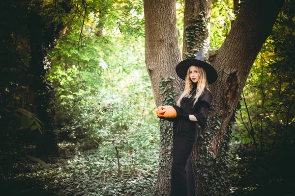 Fröhliche Halloween-Hexe Mädchen behält orangefarbenen Kürbis — Stockfoto