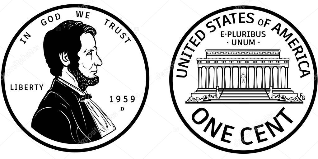 High quality one cent coin US America . Abraham Lincoln Observe and Lincoln memorial reverse 1959 penny black and white isolated vector