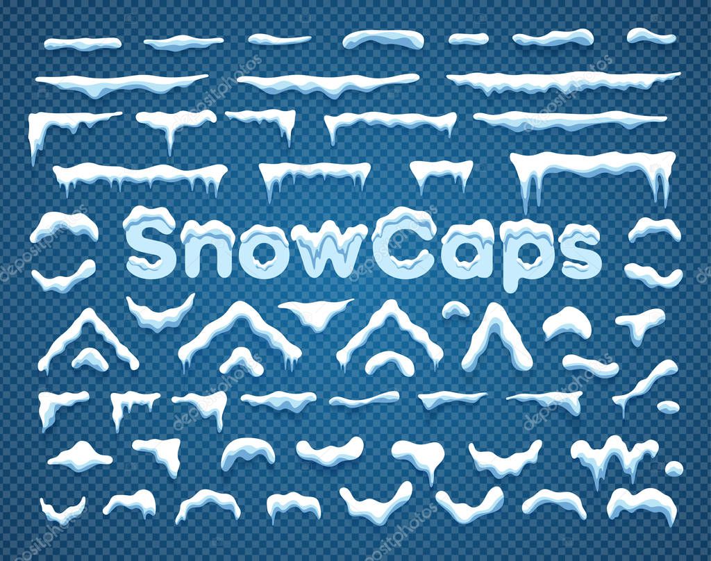 Snowcaps with snowflakes and icicles vector illustration collection. Horizontal and triangle white snow caps with icicle and snowflake decoration SnowCaps label on blue background for winter ornament