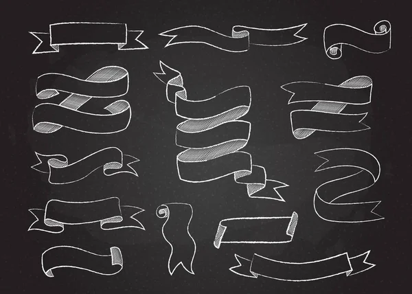 Chalk style sketchy ribbons and flags vector set — Stok Vektör