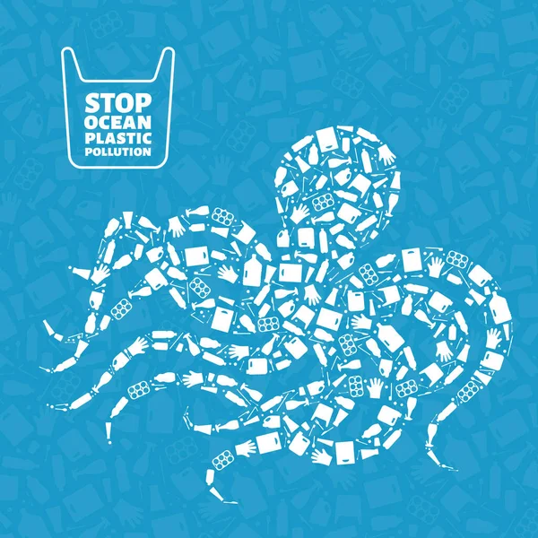 Pieuvre plastique déchets océan environnement problème — Image vectorielle