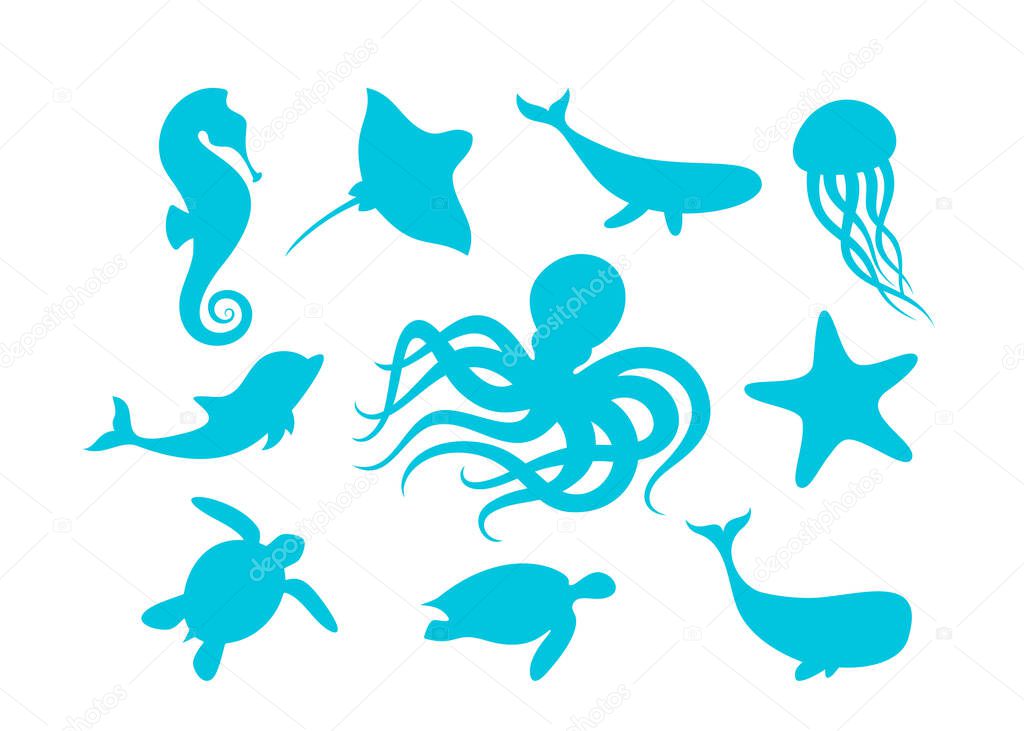 Isolated marine animals outline vector set