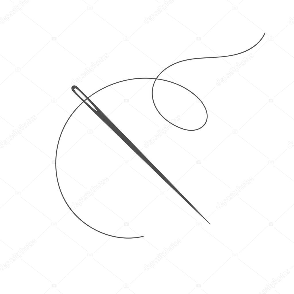 Needle and thread silhouette icon vector illustration. Tailor logo with needle symbol and curvy thread isolated on white background. Tailor sign template, sewing instrument design, fashion icon