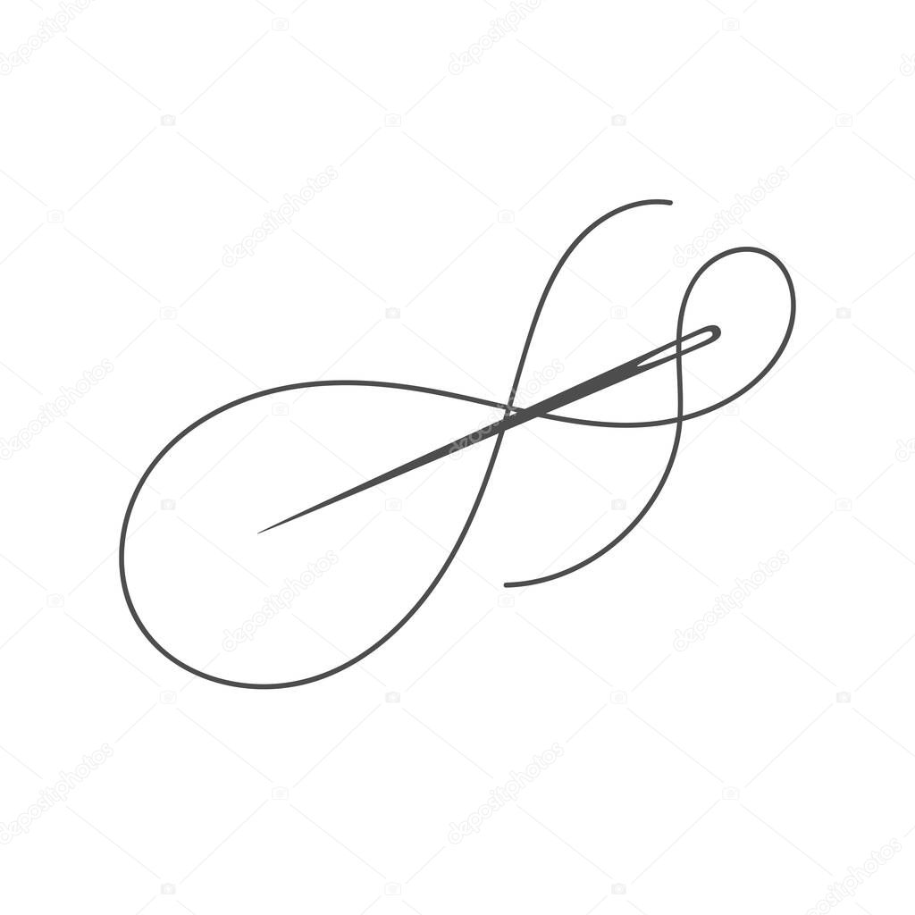 Needle and thread silhouette icon vector illustration. Tailor logo with needle symbol and curvy thread isolated on white background. Handmade craft symbol, tailor equipment, needlework skill