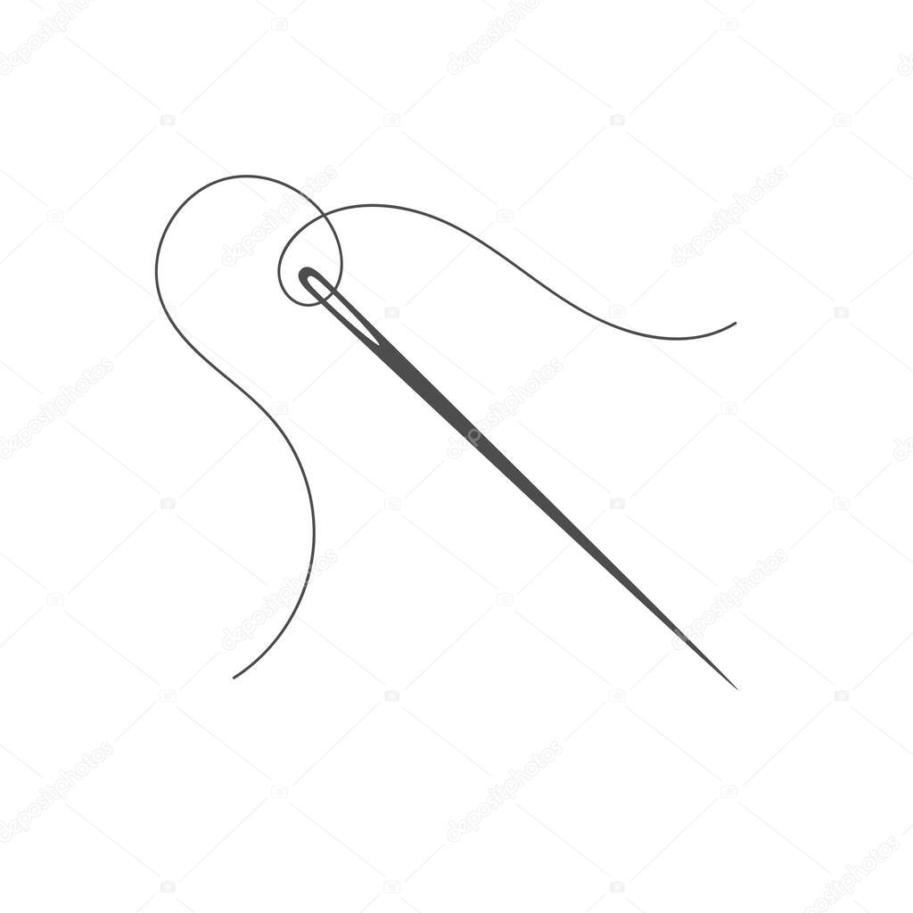 Needle and thread silhouette icon vector illustration. Tailor logo with needle symbol and curvy thread isolated on white background. Tailor logo template, fashion icon element, needlework instrument