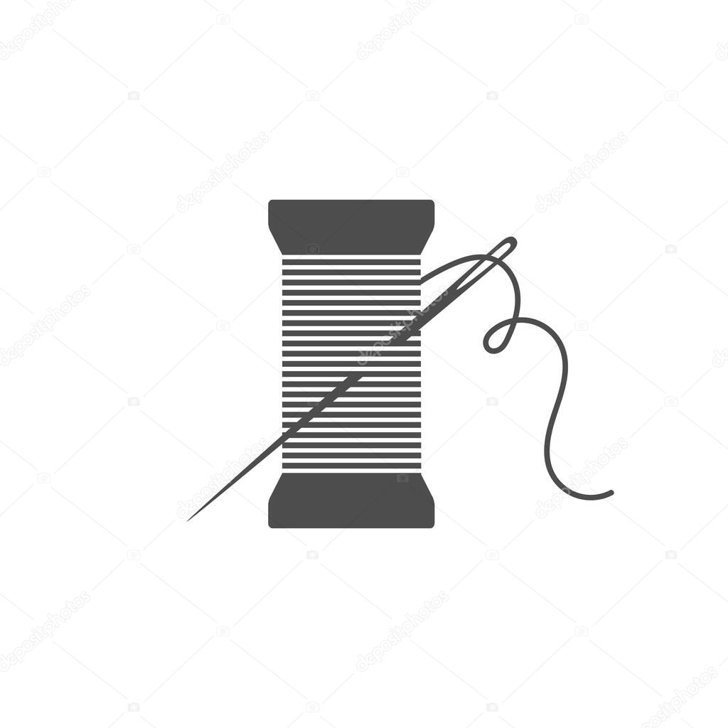 Needle and spool silhouette icon vector illustration. Black bobbin silhouette with outline needle and thread isolated on white background. Machinery spool instrument, fashion tailor logo graphic