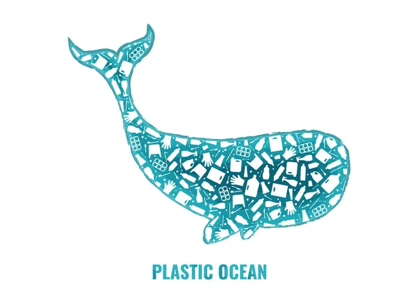 Velryba zastavit oceán plastové znečištění koncepce — Stockový vektor