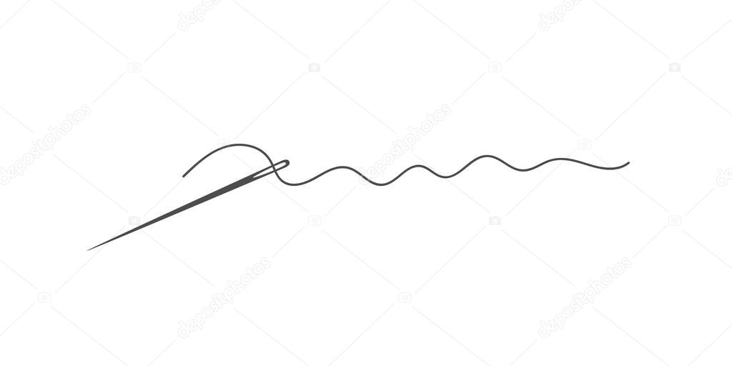 Needle and thread silhouette icon vector illustration. Tailor logo with needle symbol and curvy thread isolated on white background. Tailor sign template, sewing instrument design, fashion icon