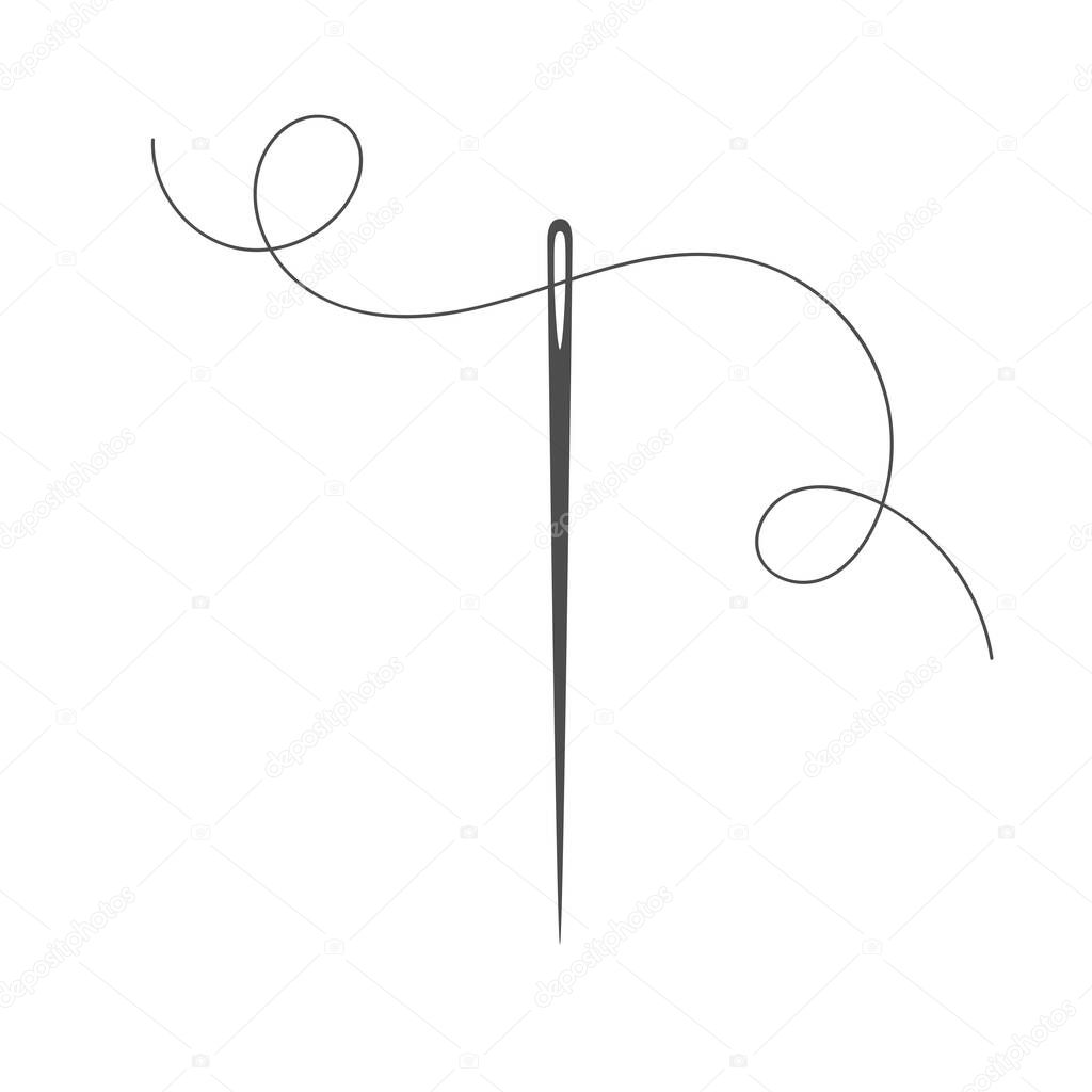 Needle and thread silhouette icon vector illustration. Tailor logo with needle symbol and curvy thread isolated on white background. Handmade craft symbol, tailor equipment, needlework skill