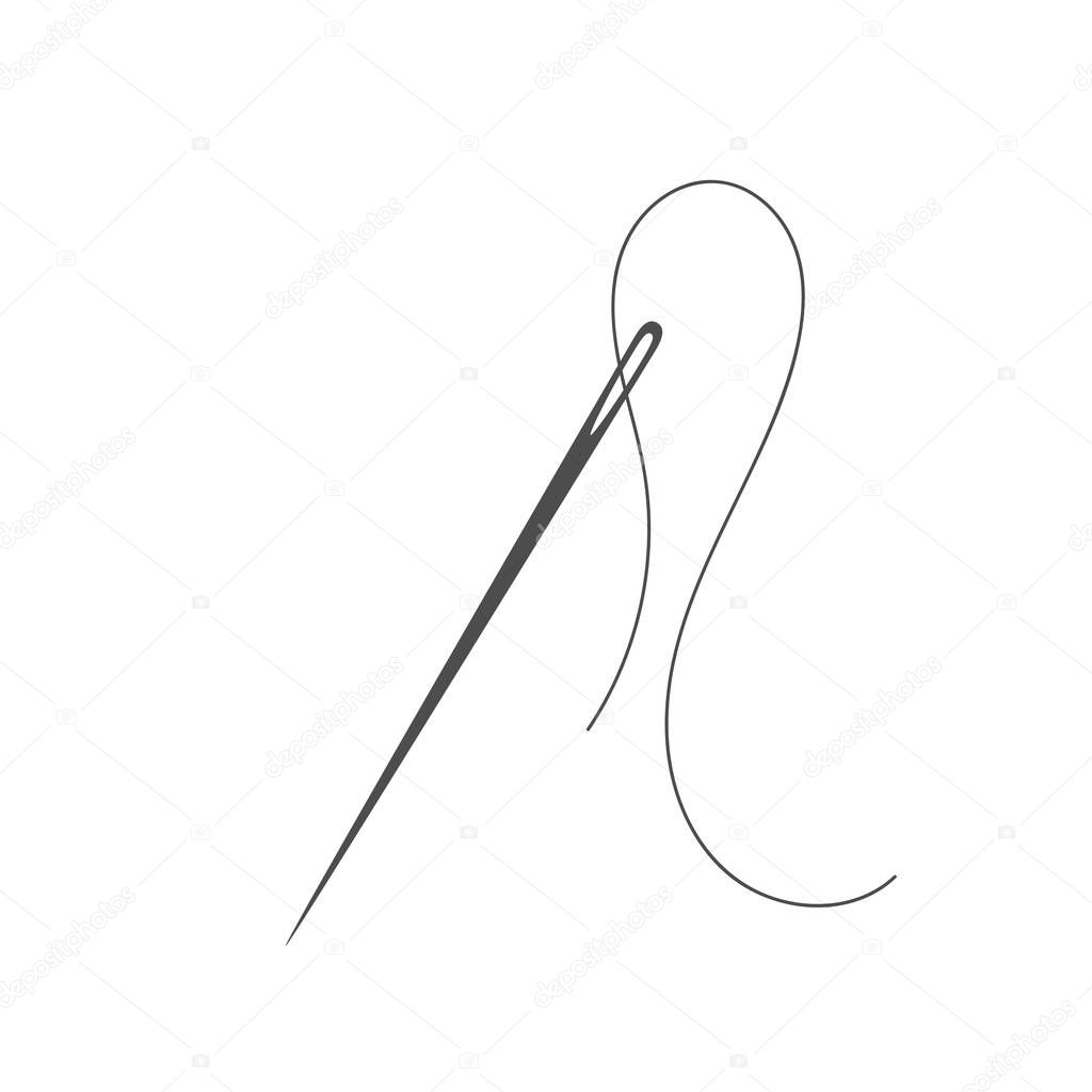 Needle and thread silhouette icon vector illustration. Tailor logo with needle symbol and curvy thread isolated on white background. Tailor logo template, fashion icon element, needlework instrument