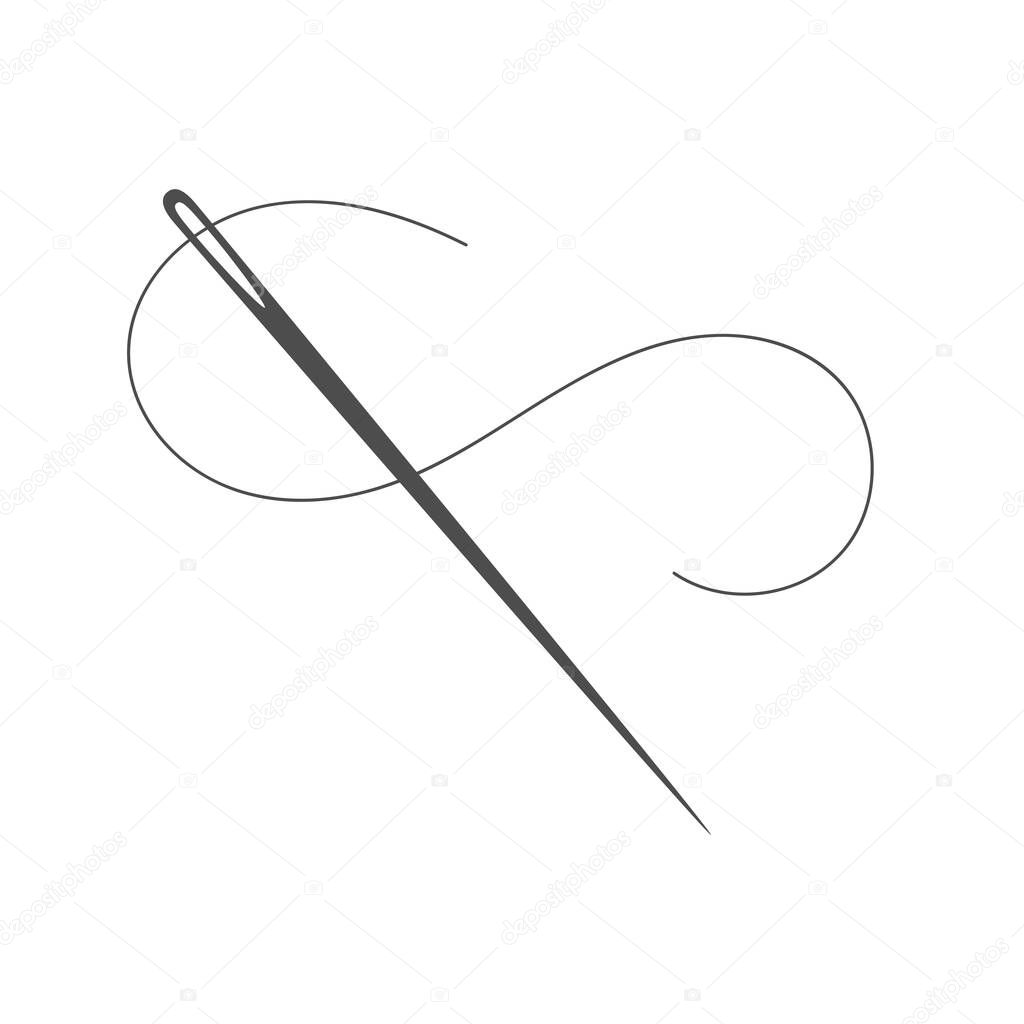 Needle and thread silhouette icon vector illustration. Tailor logo with needle symbol and curvy thread isolated on white background. Tailor sign template, sewing instrument design, fashion icon