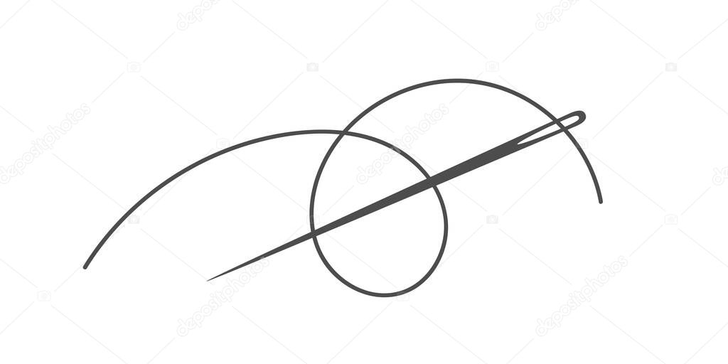 Needle and thread silhouette icon vector illustration. Tailor logo with needle symbol and curvy thread isolated on white background. Tailor sign template, sewing instrument design, fashion icon