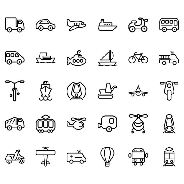 Set of Transport Related Vector Lines Icons. Contains icons such as planes, buses, ships, motorbikes and others.