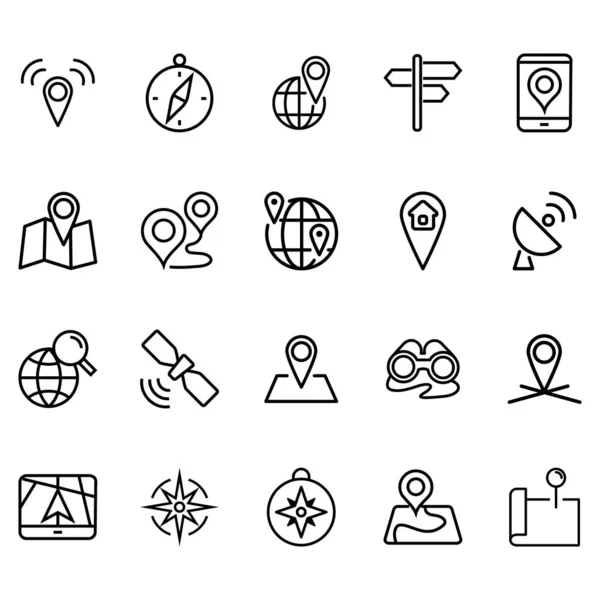 Conjunto Simple Ubicaciones Mapas Iconos Líneas Relacionadas Iconos Contiene Iconos — Vector de stock