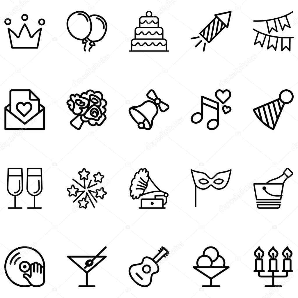 Set of party Related Vector Lines Icons. Contains icons like tarts, balloons, candles, bouquet flowers and more.