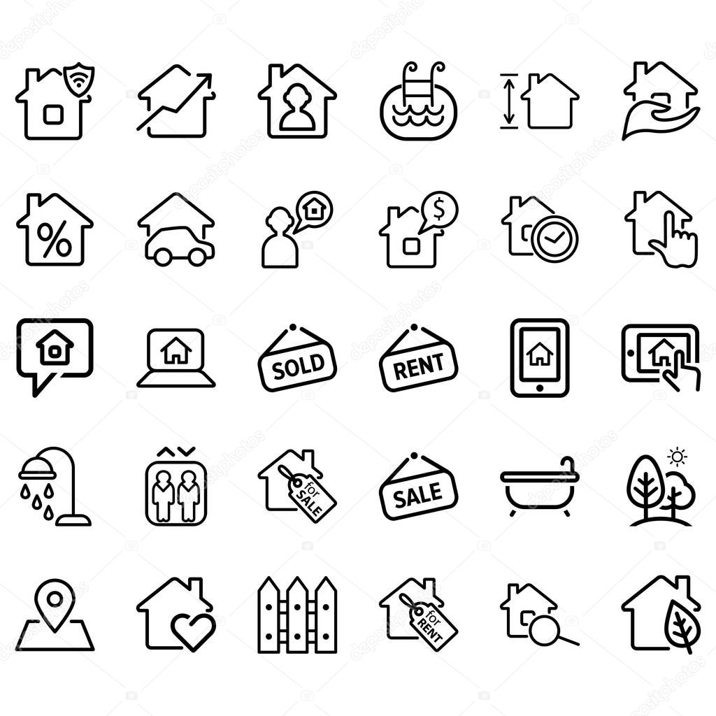 Simple set of Real Estate Related Vector Lines Icons. Contains icons such as sold, rent, sale, house, point maps and mor
