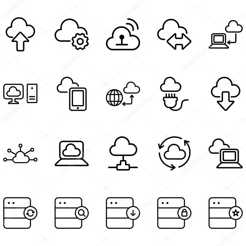 Simple Set of hosting Icons Related to Lines. Contains icons such as computer, database, cloud, upload, download and more