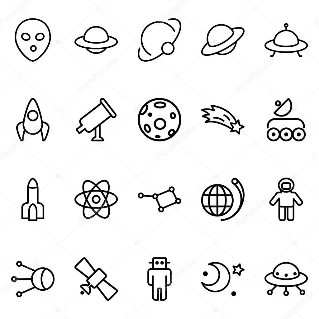 Simple Set of Space Related Icons Lines. Contains icons such as planets, satellites, astronauts, galaxy and more