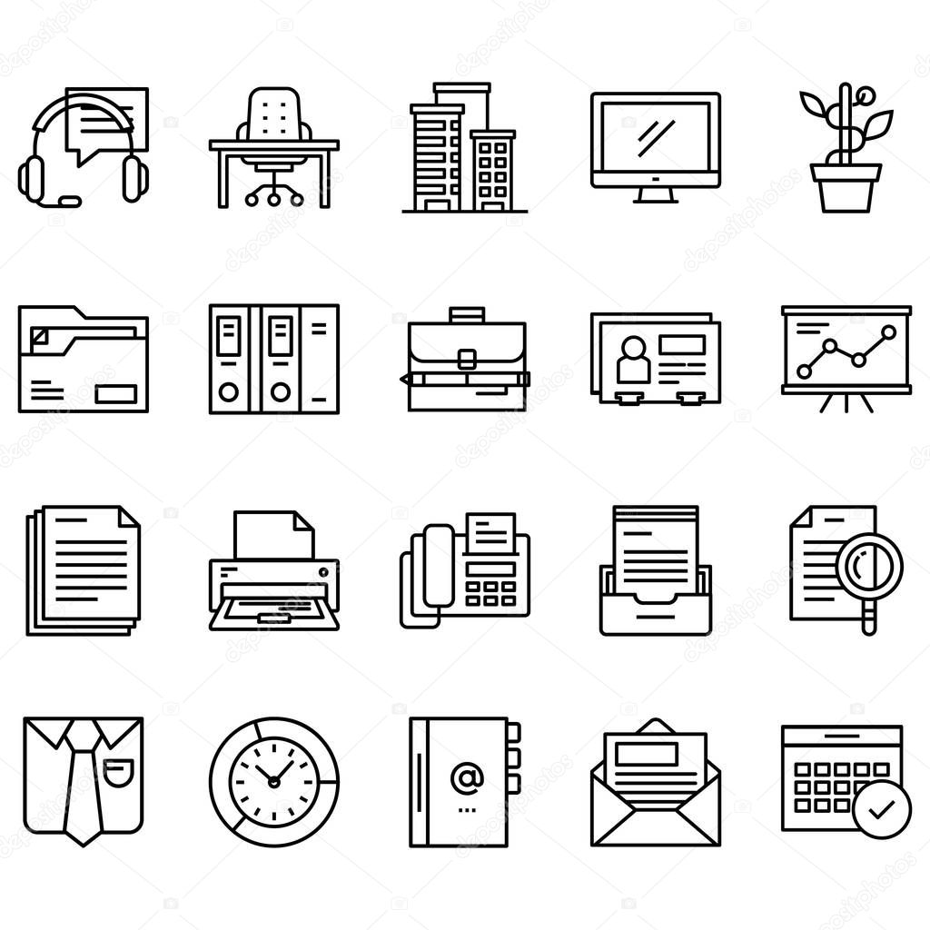 Simple set of offices Related Line Icons. Contains icons such as folders, presentations, support, contact books and more