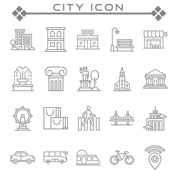 Colección Líneas Vectoriales Asociadas Las Ciudades Contiene Iconos Como Edificios — Vector de stock