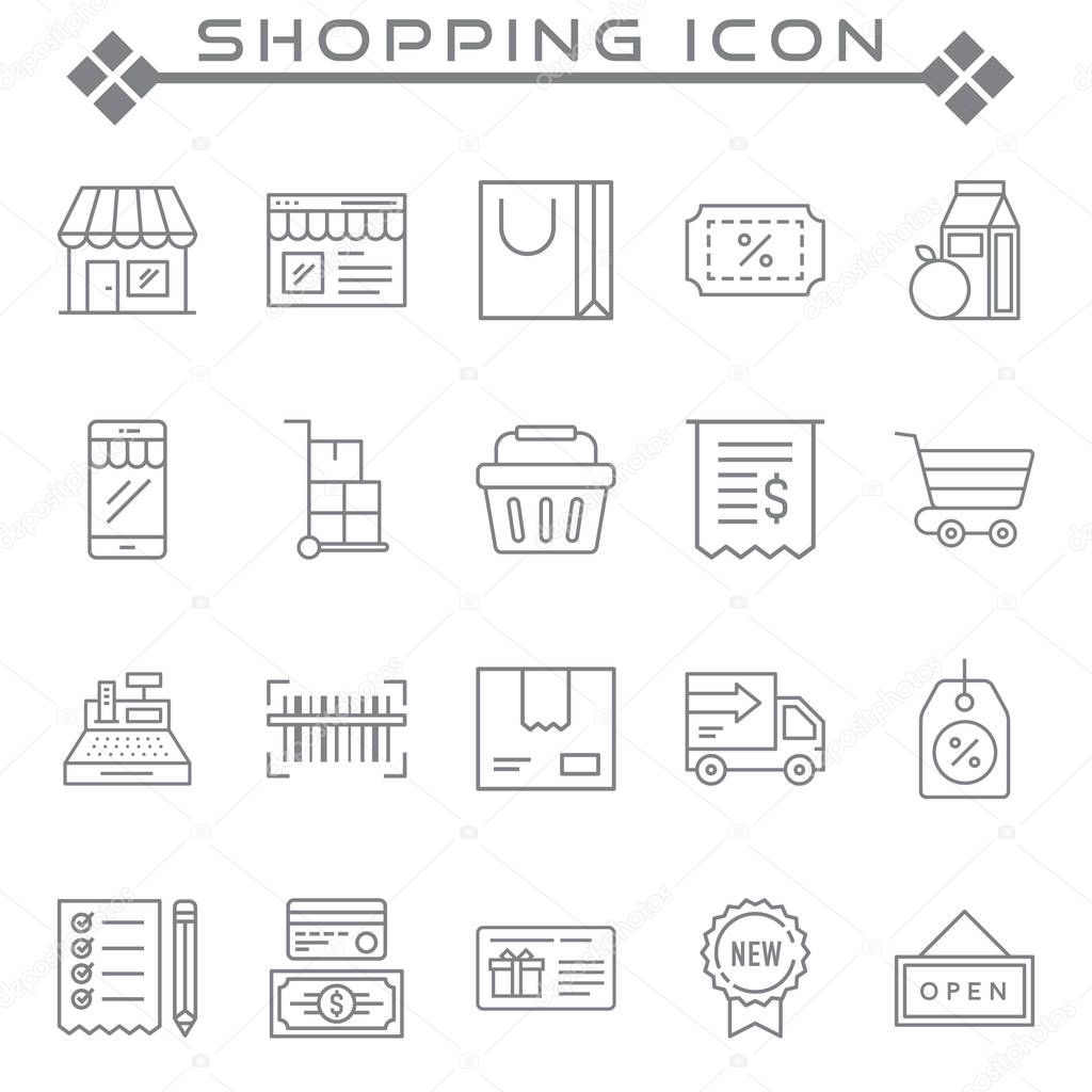 Set of Shopping Related Vector Line Icons. Contains such Icons as Mobile Shop, Payment Options, Sizing Guide, Starred, Delivery and more