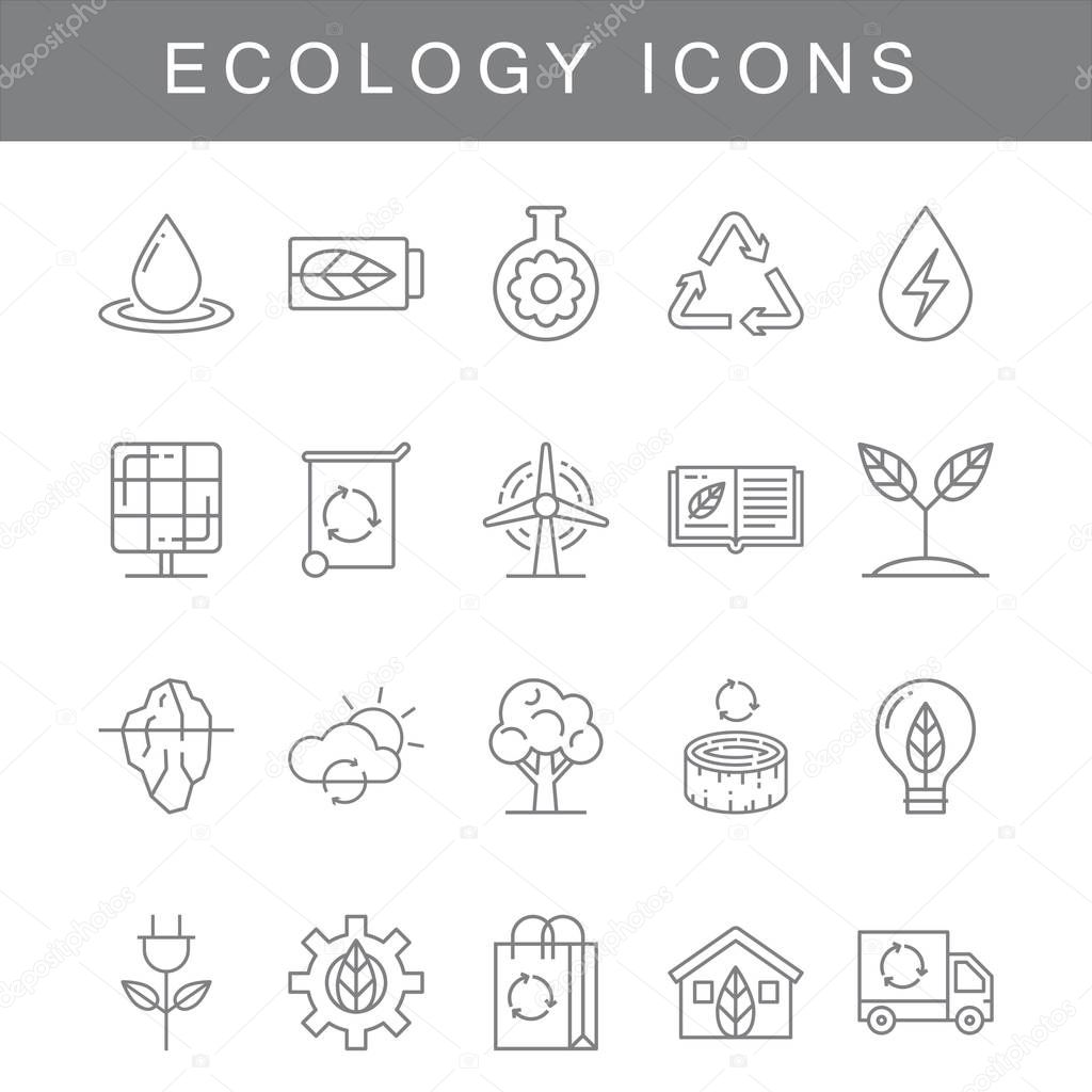 Set of Ecology Related Vector Line Icons. Contains such as Icons as rubbish bins, water, green houses, windmills and more.