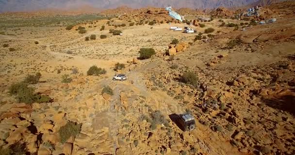 Aerial, Offroad Fun At The Blue Painted Rocks, Valle de Tafraute, Morocco — Stock Video