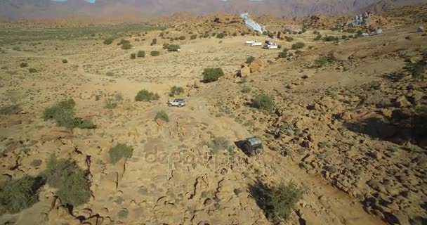 Aerial, Offroad Fun At The Blue Painted Rocks, Valle de Tafraute, Morocco — Stock Video