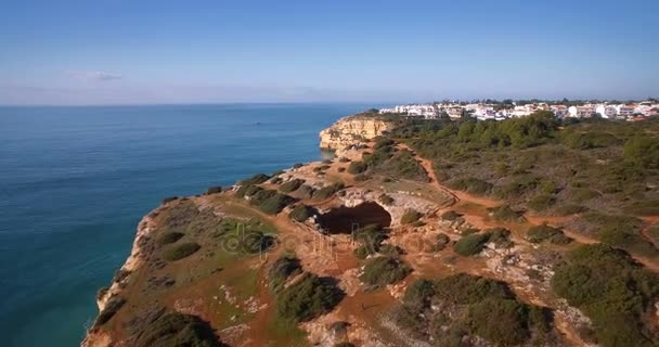 Aerial, Praia Da Corredoura, Grottas, Praia Da Benagil, Portekiz — Stok video