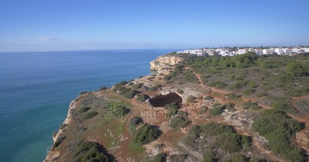 Aerial, Praia Da Corredoura, Grottas, Praia Da Benagil, Portekiz — Stok video