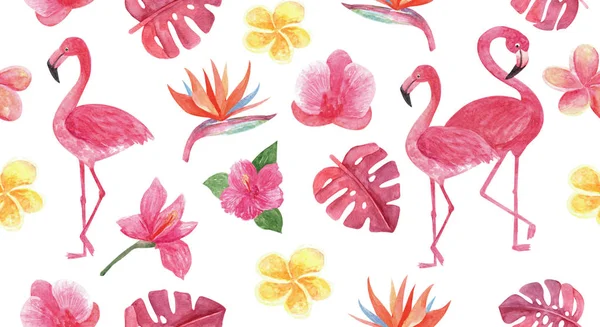 Tropical watercolor seamless pattern with flamingo and tropical