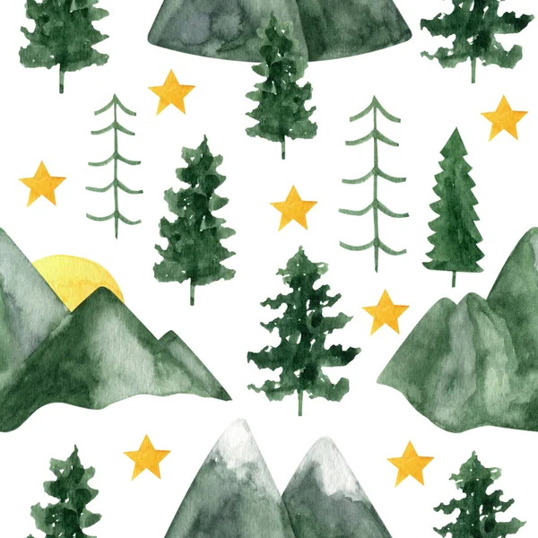 Adorable hand painted watercolor mountain and trees seamless pattern. Isolated on white background drawing for textile prints, child poster, cute stationery, travel design. High quality landscape illustrations.