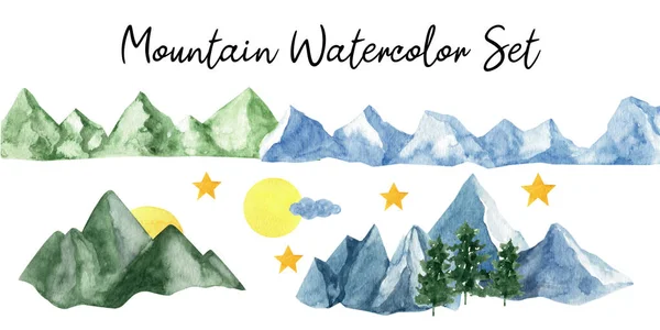 Adorable hand painted watercolor mountain and trees clip art. Isolated on white background drawing for textile prints, child poster, cute stationery, travel design. High quality landscape illustrations.