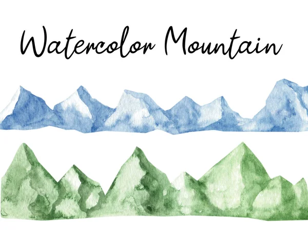 Adorable hand painted watercolor mountain and trees clip art. Isolated on white background drawing for textile prints, child poster, cute stationery, travel design. High quality landscape illustrations.