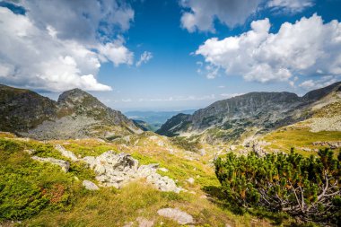 Güneşli bir yaz gününde güzel bir dağ manzarası. Rila Dağı, Bulgaristan. Yürüyüş / yürüyüş kavramı.