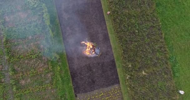 Imágenes aéreas del humo de una gran hoguera que se eleva hasta el cielo nocturno en los campos de agricultores — Vídeo de stock