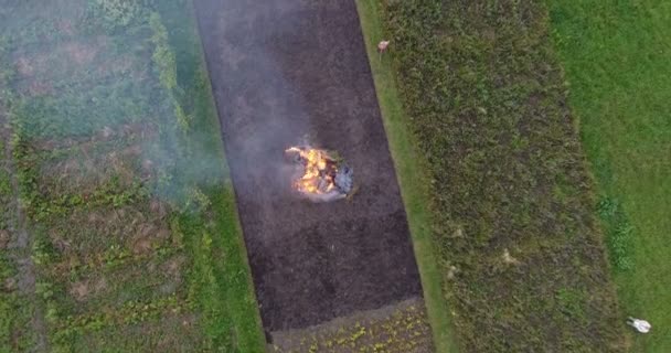 Luchtfoto beelden van groot vreugdevuur rook stijgt tot avondlucht in boeren velden — Stockvideo