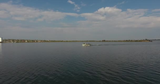 Luchtfoto van motor vissersboot in het midden van de rivier met pack van hongerige zeemeeuw — Stockvideo