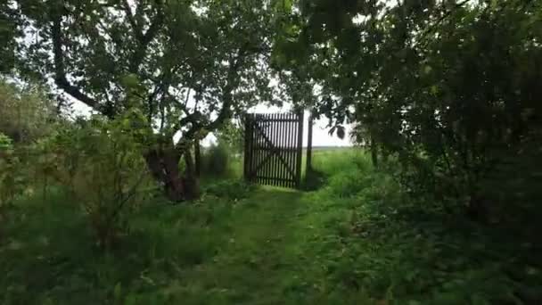 Movimento della telecamera attraverso il luminoso giardino mattutino attraverso il cancello allo spazio rurale — Video Stock