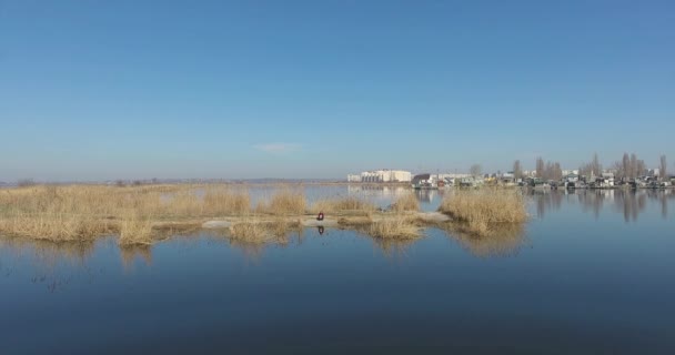 Antennen zeigen Betreiber einer Drohne am Flussufer vor Hintergrund der Stadt — Stockvideo