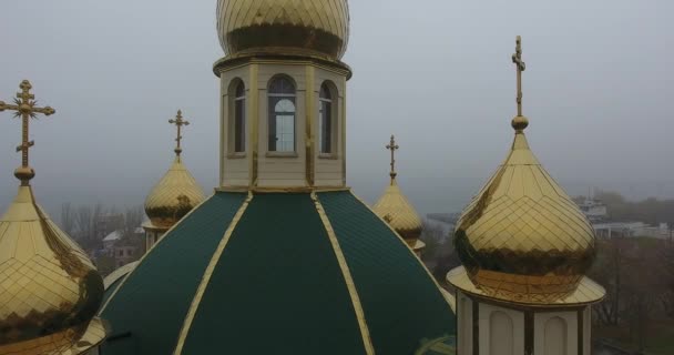 Aerial view Holy Great Martyr Catherine, city of Mukolayev in dense fog, Ukraine — Stock Video