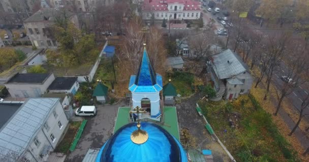 Aerial view St. Nicholas Collegiate Church, city of Mukolayev in dense fog — Stock Video