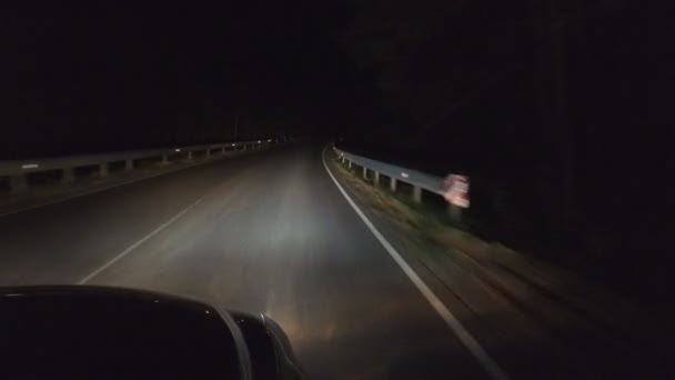 夜の道路 森の木々のトンネルを介して高速道路 車のヘッドライトの光 双方向の輝きフェンシング — ストック動画