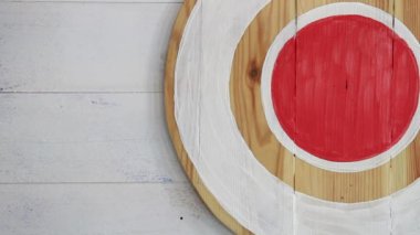 Demir uçlu, beyaz tüylü, içinde kırmızı daire olan ahşap kalkanlı tahta oka isabet etti.